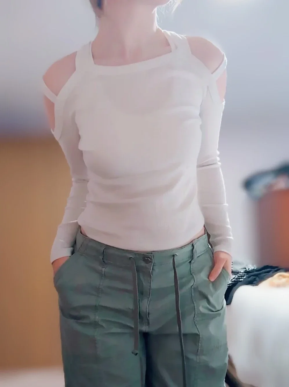 White Women's Cold-Shoulder Long Sleeve Top